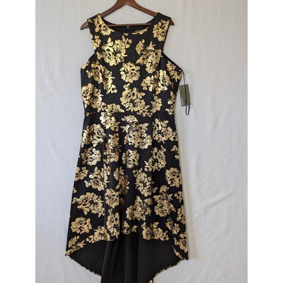 Donna Ricco New York Sleeveless Black Gold Floral Metallic Midi Dress Size 14 - Picture 1 of 9